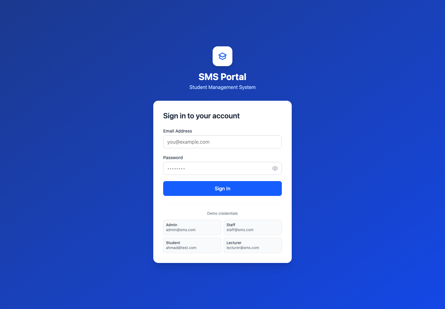 Live SMS student management portal sign-in screen