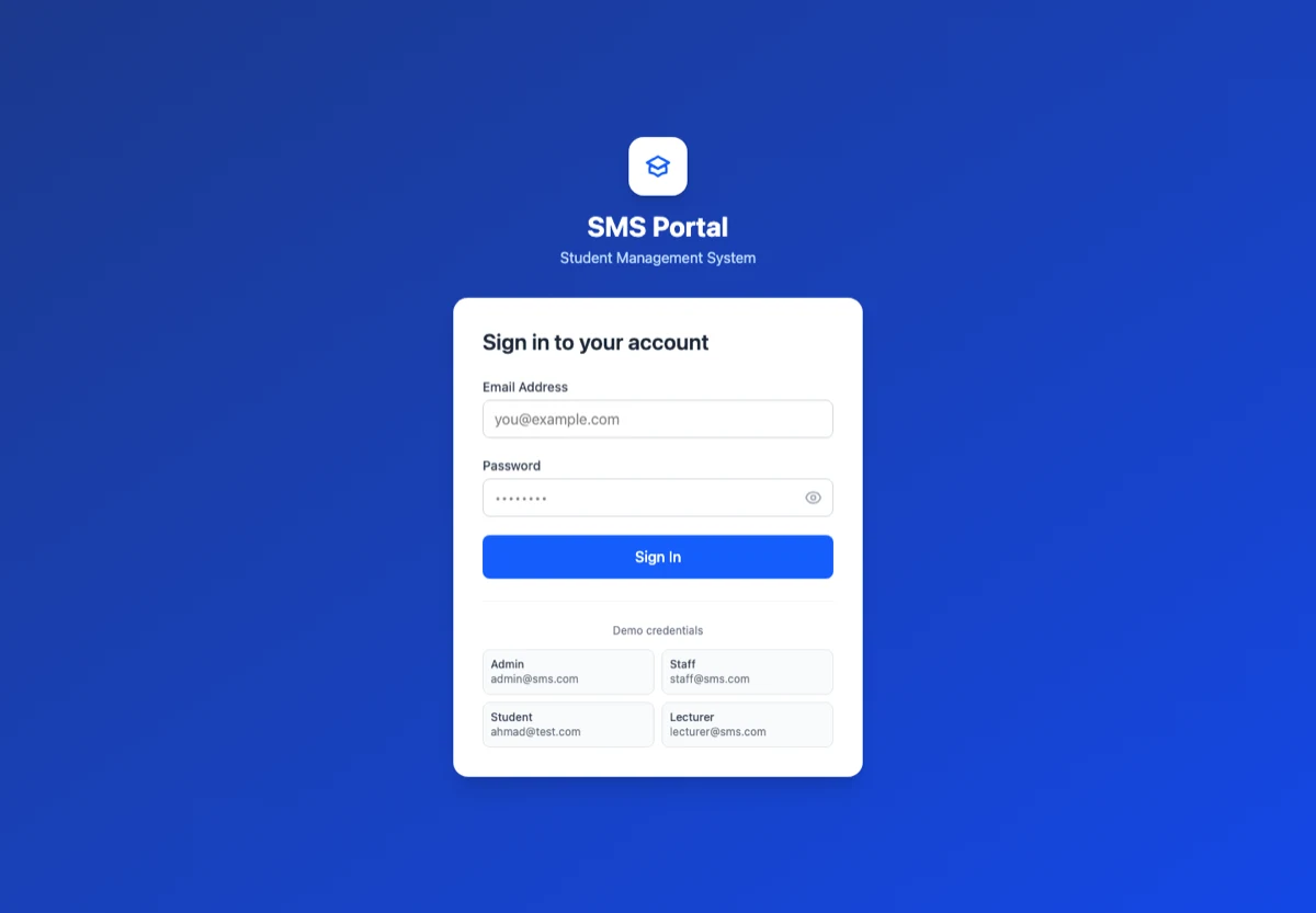 Live SMS student management portal sign-in screen