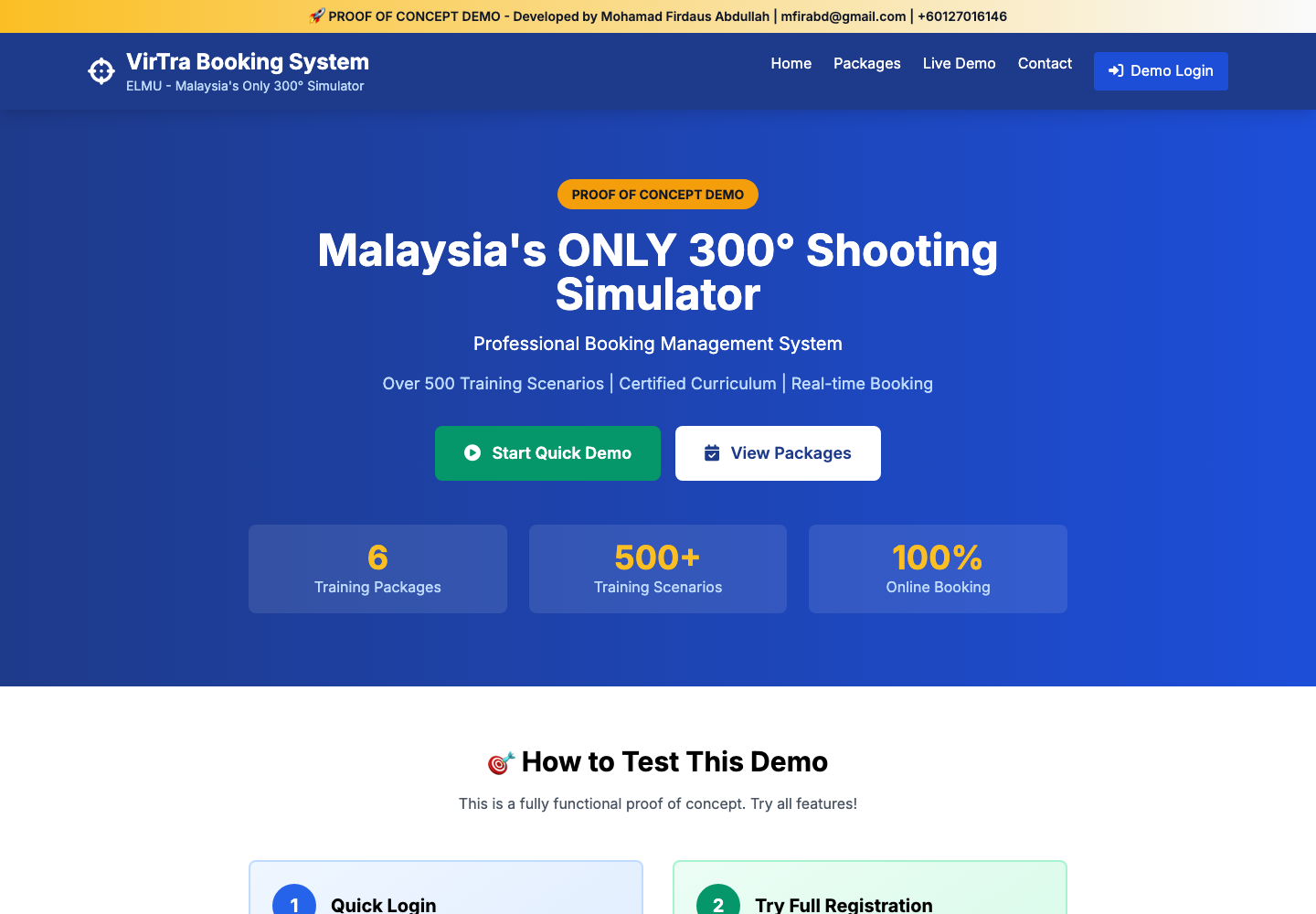Live VirTra booking system demo landing page